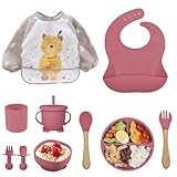 Vajilla de Bebé Silicona, 10 piezas Juegos de vajilla infantil, Cubiertos con plato ventosa, Tenedor con mango de madera, Babero Set Platos de Succión para Bebés, Juego de Platos Vajilla