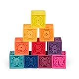 Battat B. toys – One Two Squeeze Blocks – Bloques de construcción para niños – Juguetes educativos para bebés de 6 meses en adelante, con números, formas, animales y texturas – 10 bloques suaves apilables (BX1002Z)