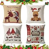 Juego de 4 Navidad Fundas de Cojín,Fundas de Almohada de Navidad para Sofá,Fundas Navideñas para Cojines,Navidad Cojines Sofas,Funda de Almohada de Navidad