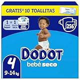 Dodot Pañales Bebé-Seco, Talla 4 (9-14 kg), 256 Pañales + 1 Pack de 10 Toallitas Regalo de Aqua Plastic Free, Una Noche Hasta Un 100% Libre De Fugas, Pack Mensual