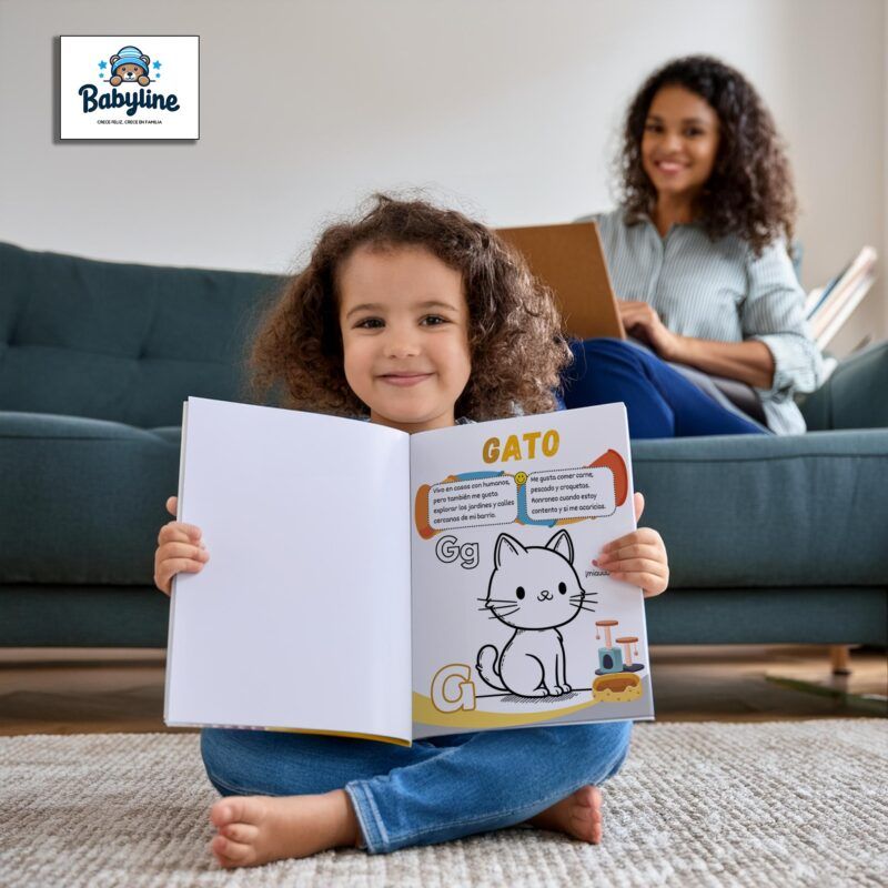 Niña muestra libro Mi primer abecedario con animales