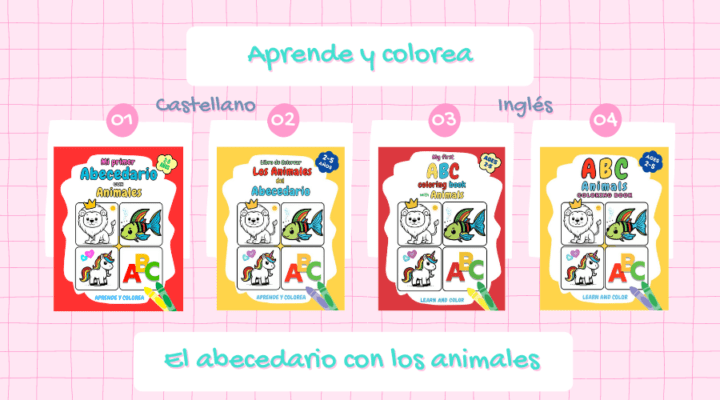 Colección aprende y colorea. Libros en inglés y español para aprender el alfabeto y sobre los animales.